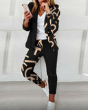 Lapel Collar Plaid Blazer Coat & Drawstring Pants 2pc Set