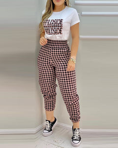 Houndstooth Short Sleeve Top & High Waist Pants Set