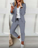 Lapel Collar Plaid Blazer Coat & Drawstring Pants 2pc Set