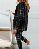 Lapel Collar Plaid Blazer Coat & Drawstring Pants 2pc Set