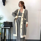 V-neck Long Knitted Sweater Cardigan Houndstooth Vest Dress