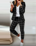 Lapel Collar Plaid Blazer Coat & Drawstring Pants 2pc Set