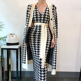 V-neck Long Knitted Sweater Cardigan Houndstooth Vest Dress