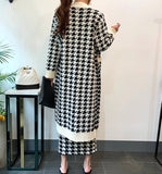 V-neck Long Knitted Sweater Cardigan Houndstooth Vest Dress