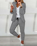 Lapel Collar Plaid Blazer Coat & Drawstring Pants 2pc Set