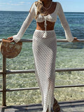 Crochet Knit 2pc Long Sleeve Lace-up Crop Tops+High Waist Long Skirt