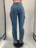 High Waist Tassel Denim Ripped Jeans-PS