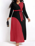 Pleated A Line Belted Long Sleeve V Neck Dress- PS