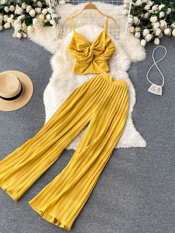 2pc Spaghetti Strap Top & High Waist Long Pants