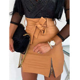 PU Leather Front Split High Waist Sheath Skirt