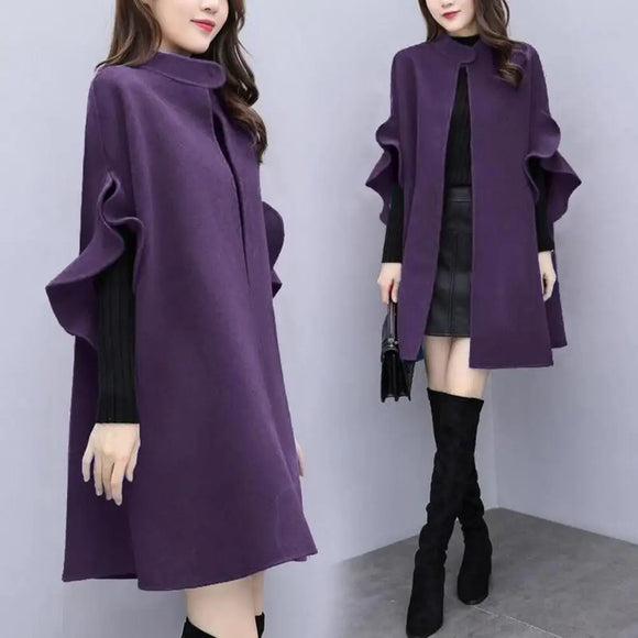 Petal Sleeve Stand Collar A-line Cape Mid Length Cardigan Coat