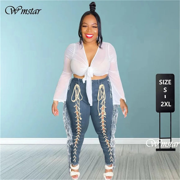 High Waist Tassel Denim Ripped Jeans-PS