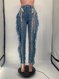 High Waist Tassel Denim Ripped Jeans-PS