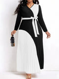 Pleated A Line Belted Long Sleeve V Neck Dress- PS