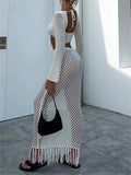 Crochet Knit 2pc Long Sleeve Lace-up Crop Tops+High Waist Long Skirt