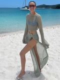 Full Sleeve Crochet Knit Crop Top High Split Long Skirt 2pc