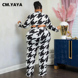 Houndstooth Straight Pants Suit and Wrap V-neck Long Sleeve Shirt 2pc