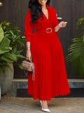 Solid V-Neck 3/4 Sleeves High Waist Umbrella Dress-PS