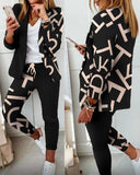 Lapel Collar Plaid Blazer Coat & Drawstring Pants 2pc Set