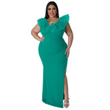 Mesh Ruffles Bodycon Split Evening Dress-PS