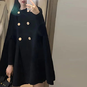 Double Breasted Women Cape Coat Faux Woolen Poncho