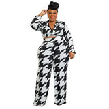 Houndstooth Straight Pants Suit and Wrap V-neck Long Sleeve Shirt 2pc