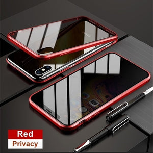 Magnetic Tempered Glass Privacy Metal Case For iphone 14 13 12 XR 11 Pro MAX X 7 8 6 6S-Red