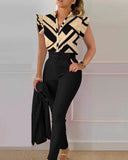 2pc Geometric Print Flutter Sleeve Stand Collar Top & Pocket Pants Set with Belt