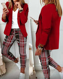 Lapel Collar Plaid Blazer Coat & Drawstring Pants 2pc Set