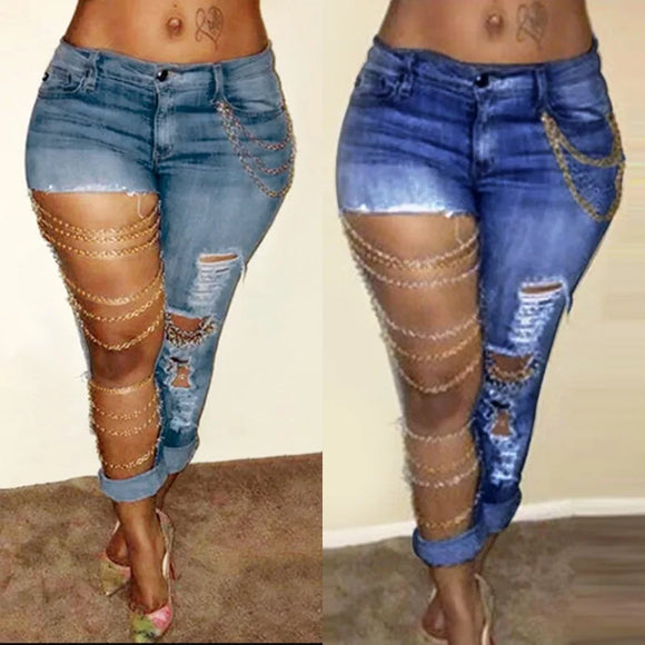 Big Hollow Out Hole Chain Jeans