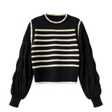 Black and white striped Sweater Vest with attached Sleeves