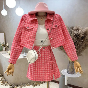 Houndstooth Long Sleeve Cropped Jacket And High Waist A-Line Mini Skirt 2pc