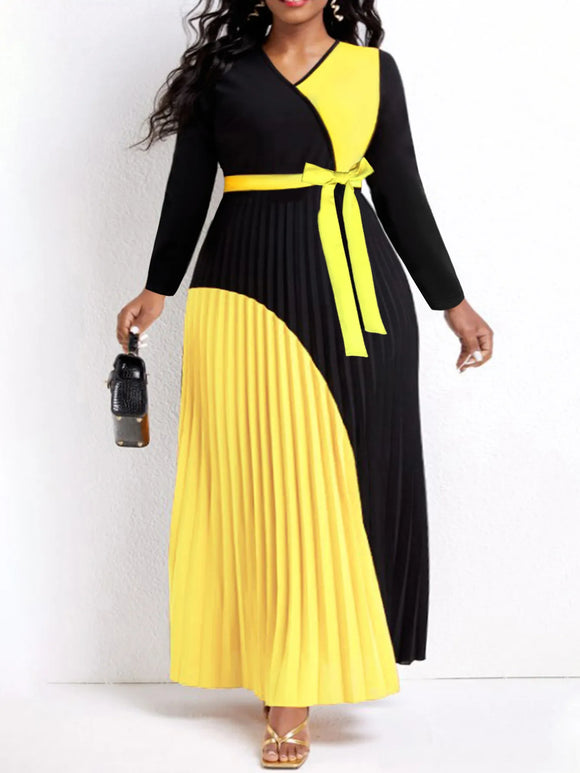 Pleated A Line Belted Long Sleeve V Neck Dress- PS