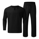 2Pcs Cotton Linen Blend Long Sleeve V-neck Shirt + Pants- Men