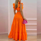 2pc Beach Bohemian Long Skirt Strapless Crop Top Cascading Ruffles Long Skirt