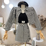 Houndstooth Long Sleeve Cropped Jacket And High Waist A-Line Mini Skirt 2pc