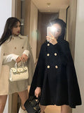 Double Breasted Women Cape Coat Faux Woolen Poncho