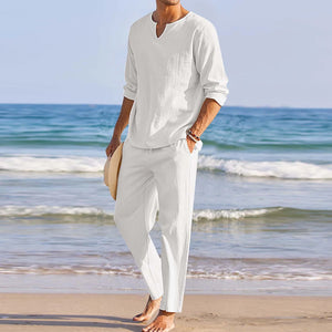 2Pcs Cotton Linen Blend Long Sleeve V-neck Shirt + Pants- Men