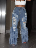 Vintage Feather Tassel High Waist Hollow Out Jeans