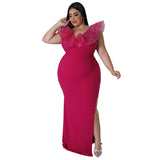 Mesh Ruffles Bodycon Split Evening Dress-PS