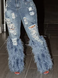 Vintage Feather Tassel High Waist Hollow Out Jeans