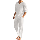 2Pcs Cotton Linen Blend Long Sleeve V-neck Shirt + Pants- Men