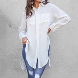 Lapel Asymmetrical Split Long Tunic Top