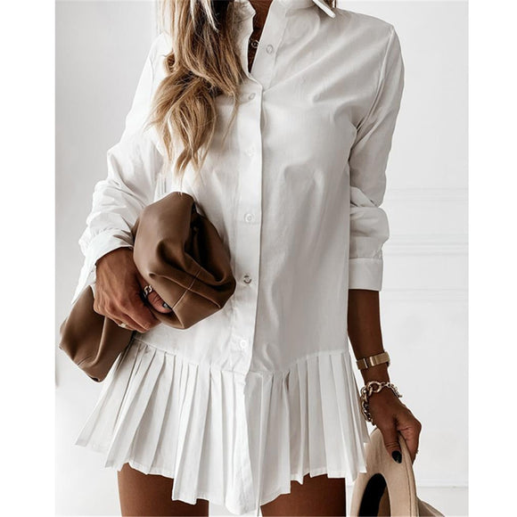 Shirt Dress Lapel Long Sleeve Pleated Single-Breasted Mini Dress