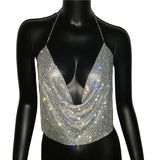 Rhinestone Backless Glitter Evening V Neck Diamonds Metal Tank Top