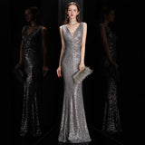 Elegant V Neck Sequin Evening Dress