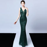 Elegant V Neck Sequin Evening Dress