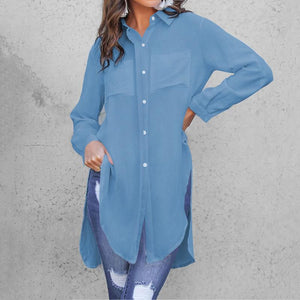 Lapel Asymmetrical Split Long Tunic Top