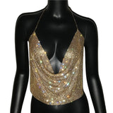 Rhinestone Backless Glitter Evening V Neck Diamonds Metal Tank Top