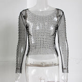 Mesh Patchwork Diamonds Pearl  Top